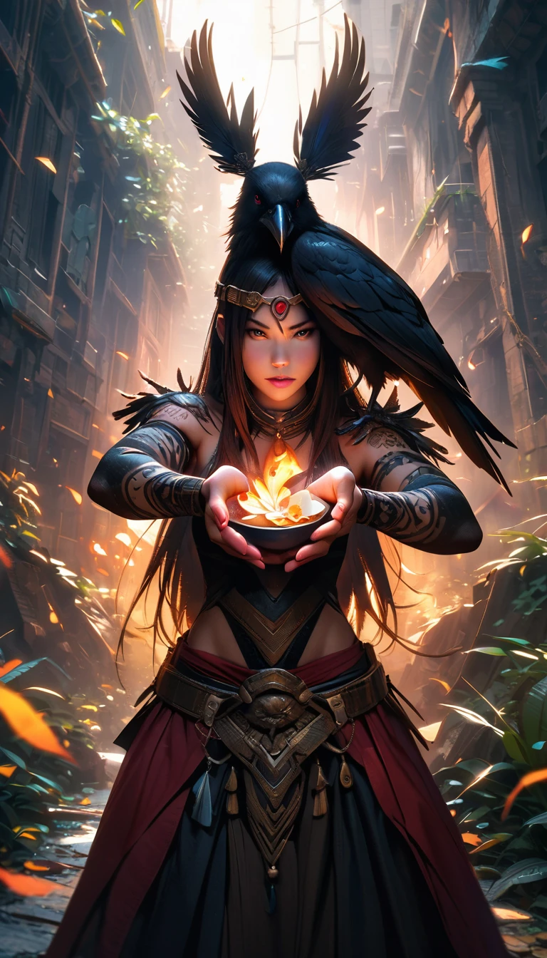 Realistic full body shot of girl warrior tattooed, crow deity with two arms and a crow Head, holding long knife, long spear, orchids, power and a begging bowl in her hands. She has a crow Head, powerful, feathers, dressed in tribal tattoos and scales, dramatic lighting, muscular, sharp focus, attention to texture lush jungle. crow perched on her shoulder. photo realistic, epic, filmic. Iridescent feather. intense colors shot with Fujifilm XF 56mm f/1.2 R Lens. HDR10"