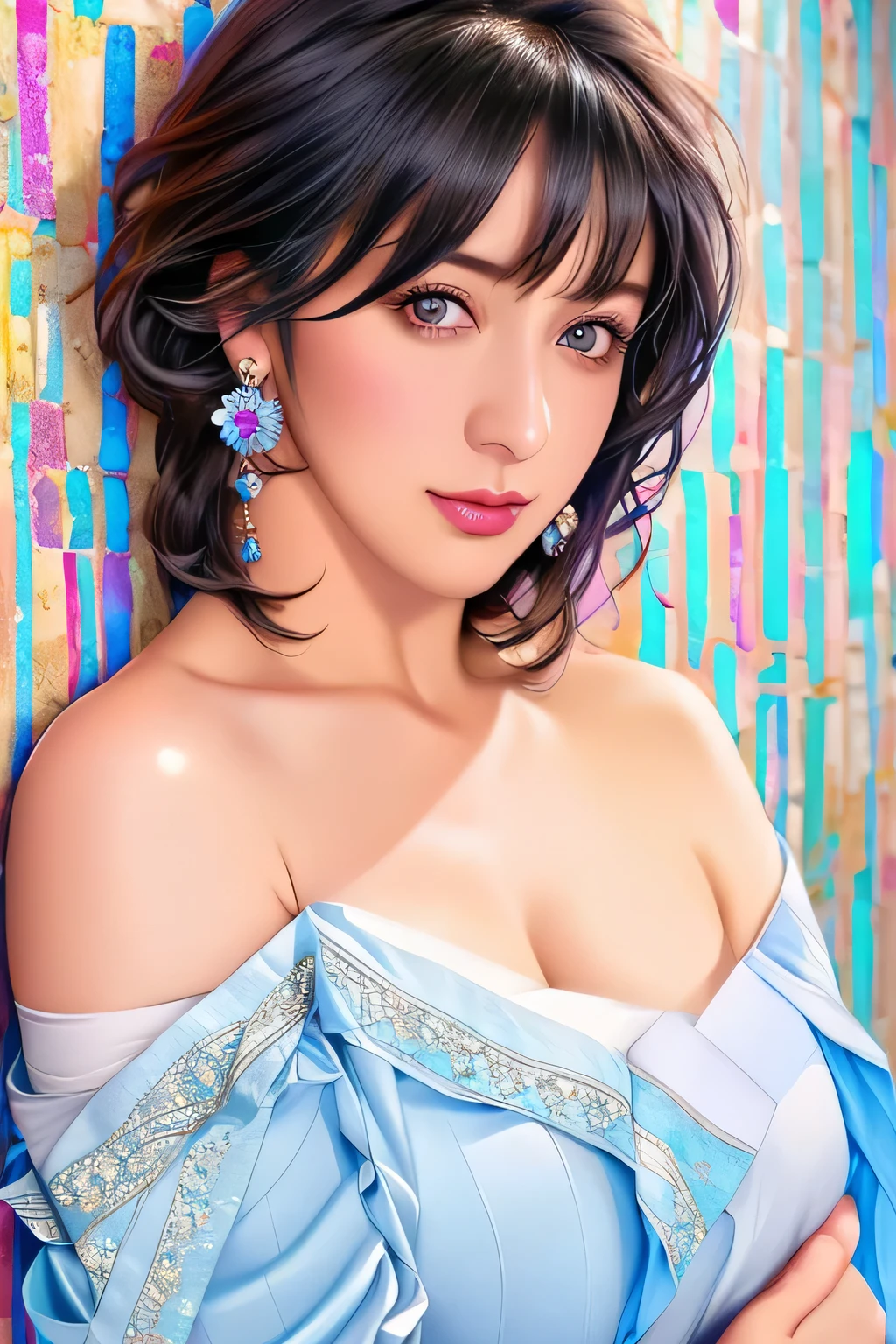 1 girl, Bethel, black eye, bare shoulders, chest, medium chest, short hair, gray hair, hair above one eye, bangs, gloves, No sleeve, alone, shirt, fingerless gloves, white shirt, No sleeve shirt, turn your arms behind your back, off shoulder, horn,masterpiece), (highest quality), (super detailed), outdoors, (((Colorful block wall background))), blue flower,