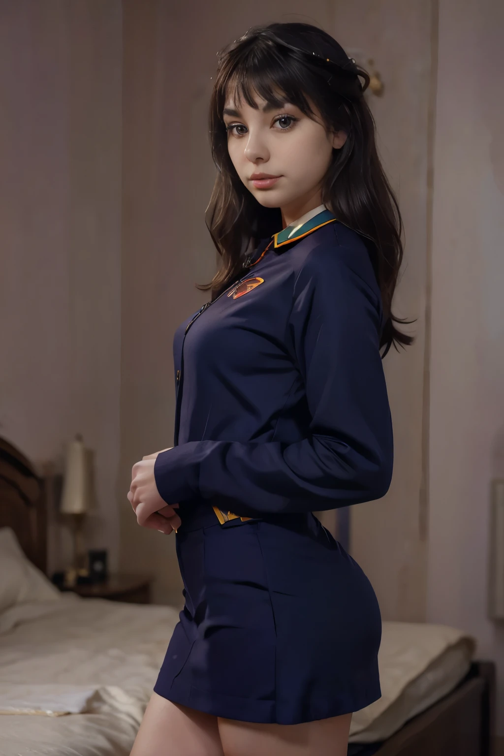 8K, Best Quality, 1girl, (Skindentation), night time, (Dark), Clear background in the room, (people), beautiful bangs, Gorgeous,, (Clothing and uniforms:1.3),soft-lighting, Attractive, Dark room, (mouth closed:1.2, Beautiful eyes, detailed eyes, detailed iris, Beautiful lips, beautiful nose, beatiful face),(Primary colors:1.5)