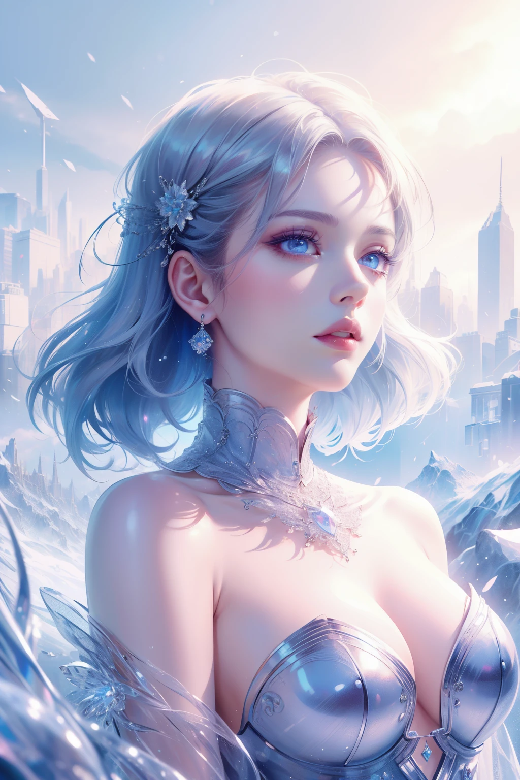 (Masterpiece, Top Quality, Best Quality, Official Art: 1.2), (1 woman), Full portrait of the most beautiful, sexy ethereal woman with snow-white hair, pastel highlights, framing a face of extreme detail and elegance. Frosty blue eyes are adorned with blue eyeshadow, complementing the blue jewels on her forehead. Long lashes and double eyelids are accentuated with dark purple mascara. Rosy cheeks add a touch of warmth to her ethereal beauty, and her glossy skin shines in the cinematic light, highlighting each and every realistic pore and wrinkle. Full sexy lips, painted with purple lipstick, complement