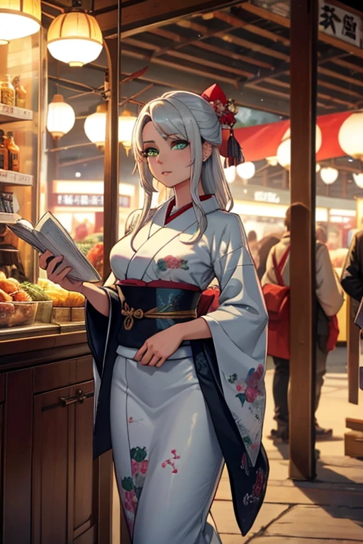 a young silver haired woman with green eyes with an hourglass figure in a conservative traditional kimono is shopping at a festival
