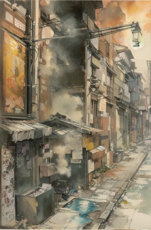 Cigarettes discarded in the alleys of a big city. The cigarette is lit、Smoke billows into the sky. The cigarettes were bent and bent by passers-by..(ink on washi paper, Things that bleed easily)(Modern art that looks like a picture book) (transparent watercolor) (Realistic expression of light itself) (soft layer, rich colors) (Color of paint diluted with water) (deep, delicate color)、Japan、Edo Period、Japanese style