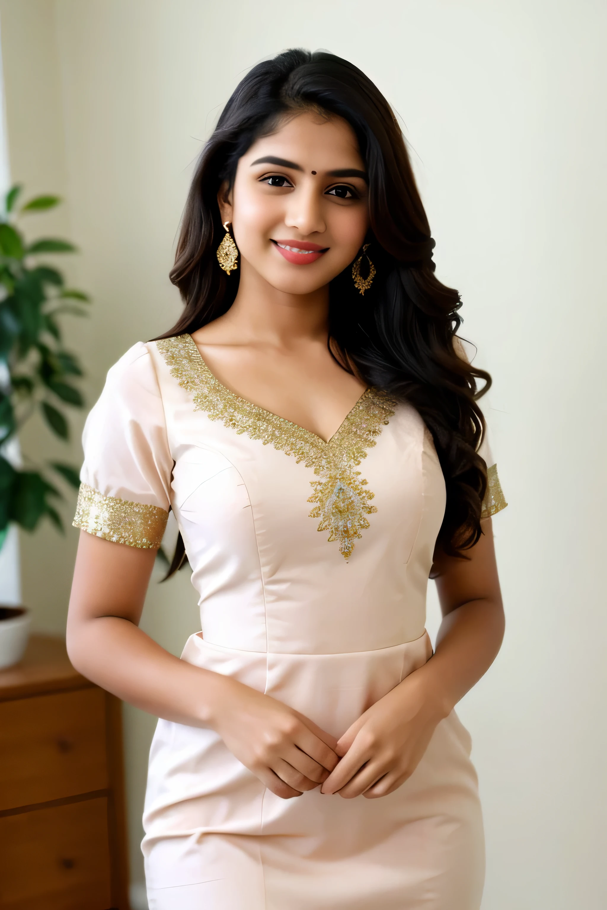 Highly detailed body, highly detailed face, highly detailed eyes, highly detailed nose, highly detailed lips, perfect body:1.5, perfect face:1.5, perfect lips:1.5, perfect eyes:1.5, a south Indian girl, wearing formal dress, holding files, working professional, perfect background:1.5, highly detailed background, clear background, IT company background.