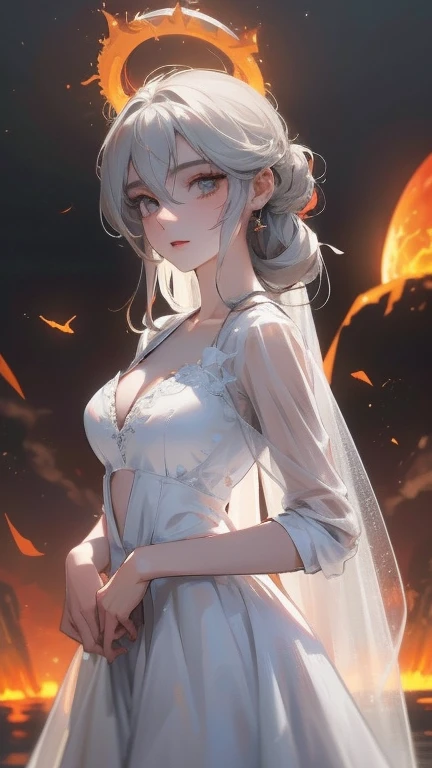 obra maestra, Exquisito, illustration, {chica hermosa y meticulosa}, halo hermoso y detallado, (fuego de guerra: 1.2), (nuclear explosion behind: 1.3), lluvia, detailed lighting, detalle agua, (ojos hermosos y detallados: 1.1), inexpresivo, palacio, pelo azul cielo, pelo disperso, flequillo largo, Cejas, (grayish white dress: 1.1), lazo negro, pajarita blanca, abdomen superior, frente grande, aburrido, flor, mangas largas