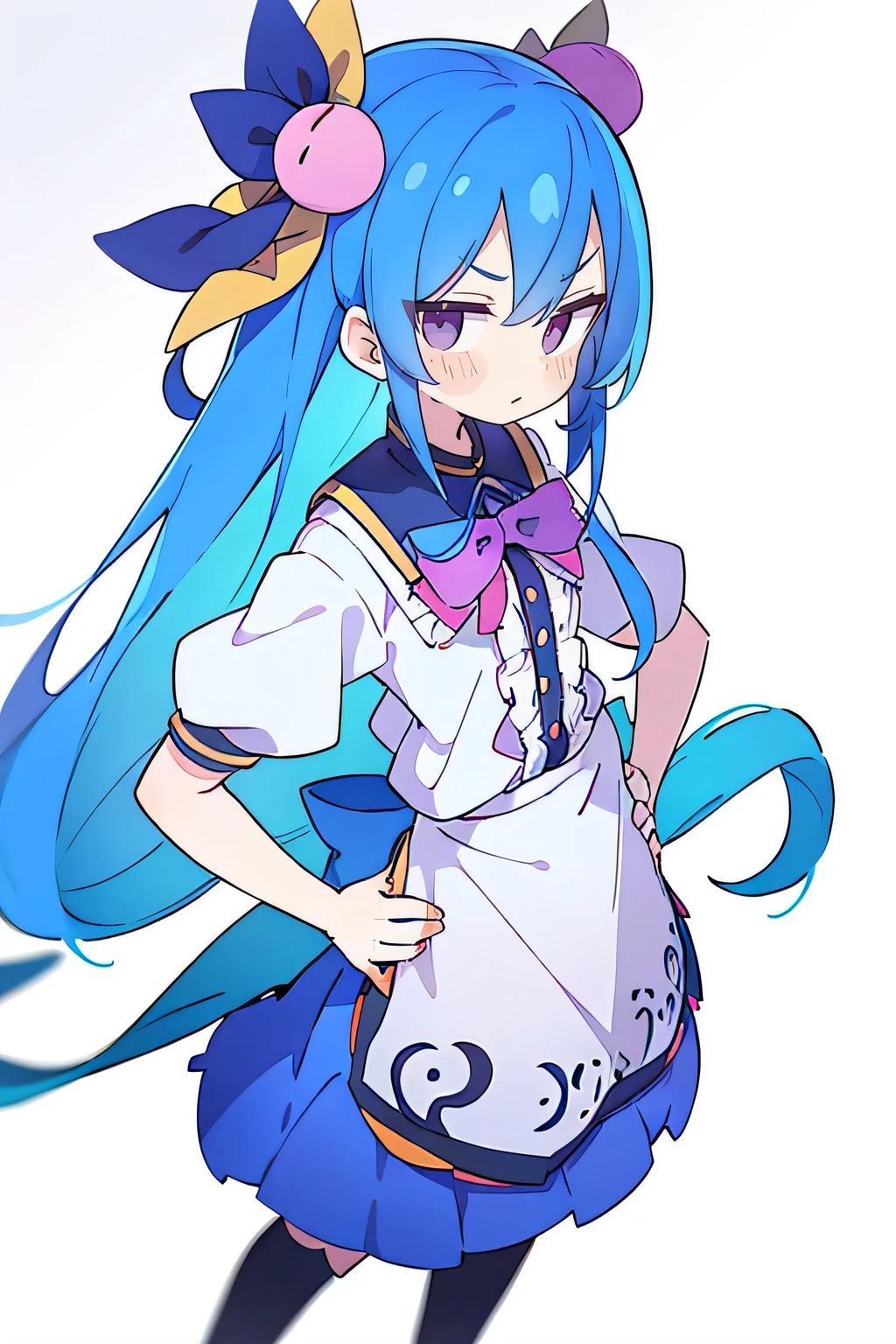 (masterpiece),best quality, expressive eyes, perfect face, 1girl,
 Put your hands on your waist,fair, Gorgeous,Japanese cartoons,girl,lola,Hina Angel, blue hair, blue haired, floating clothes,Grab your waist, Grab your waist, hands on hips , hands on hips,sit, sit on ground, Legs on the ground, flat chest