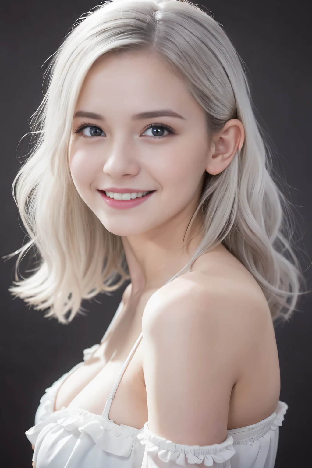 Masterpiece, Best quality, 8k, 18 years old, Raw photo, absurd, Award-winning portrait, smile, smile, pure, German, white dress, huge breast, white hair
