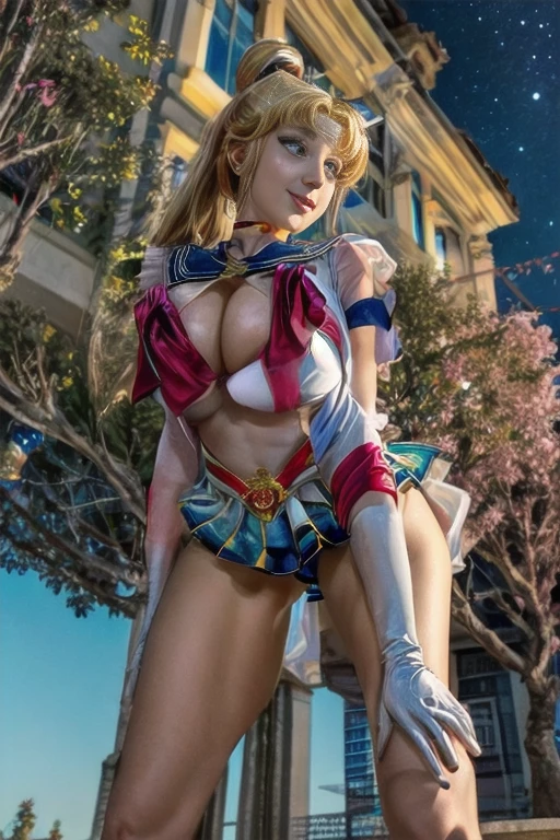 masterpiece, best quality, (1girl), supersailormoon, detailed face, smile, nigh sky, moonlight, moon, sakura trees, white gloves, detailed eyes, detailed face, fullbody, galazy background, gigantic breasts, giga_busty, front view from below