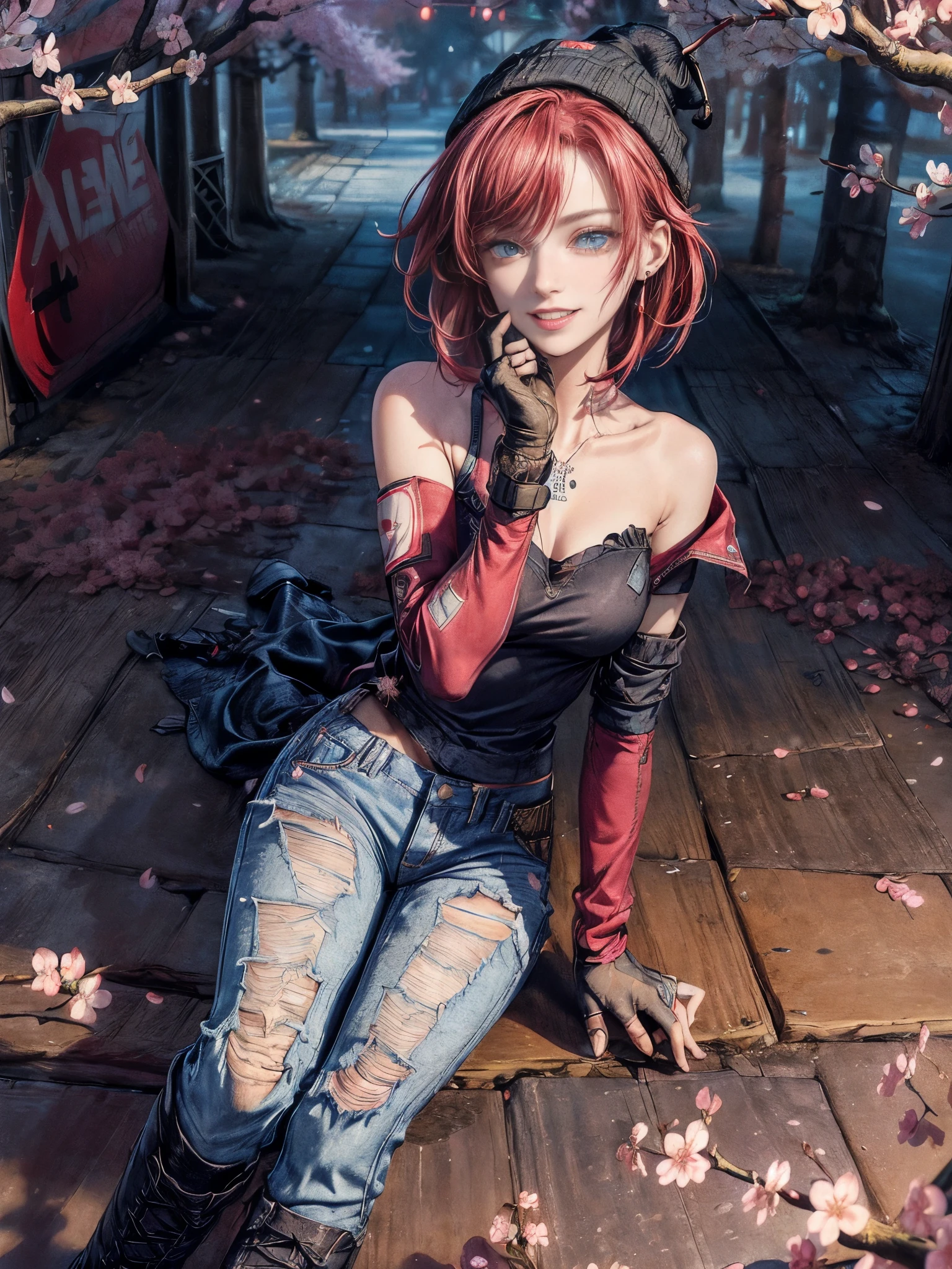 cinematic lighting、highest quality,Bright cyberpunk world、1 female、(20 year old beautiful woman、detailed beautiful facial 、Short bob red color、shoulder length hair、blue eyes:1.4)(friendly smile😁、smile showing teeth:1.2)break、（vivid shiny red hair color）
break

((street art influence) theme), (oversized hoodie with a replica of a Banksy graffiti print, paired with ripped jeans and combat boots:1.3), (accessorized with stencil art inspired jewelry, beanie with political statement patches, and arm warmers:1.1),
BREAK
(Cherry blossom viewing theme:1.4)（A large park in the city at night:1.3）(Very beautiful, precise and detailed hand-drawn:1.2)(beautiful scenery、A slightly blooming cherry tree)（portrait angle）