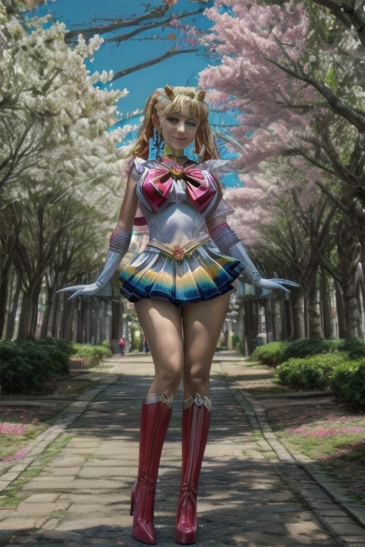 masterpiece, best quality, (1girl), supersailormoon, detailed face, smile, nigh sky, moonlight, moon, sakura trees, white gloves, detailed eyes, detailed face, fullbody, galazy background, gigantic breasts, giga_busty, front view from below