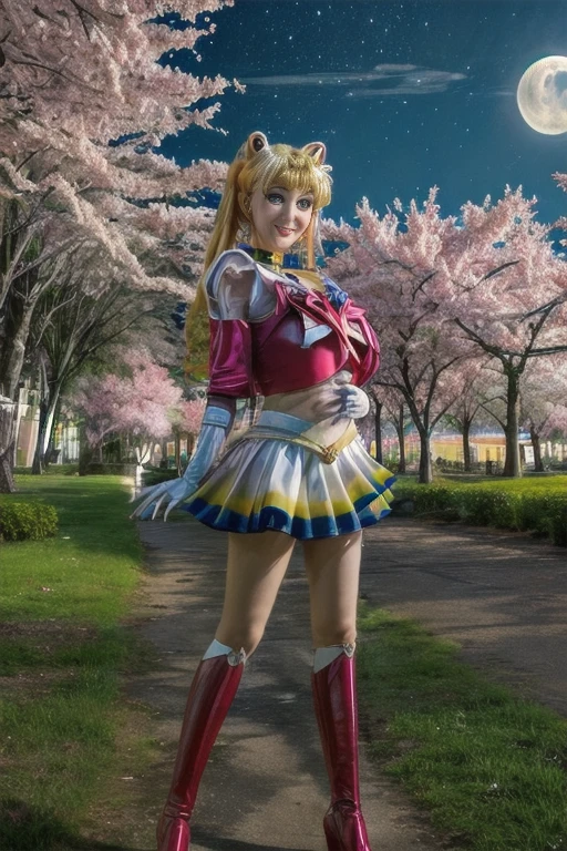 masterpiece, best quality, (1girl), supersailormoon, detailed face, smile, nigh sky, moonlight, moon, sakura trees, white gloves, detailed eyes, detailed face, fullbody, galazy background, gigantic breasts, giga_busty, front view from below