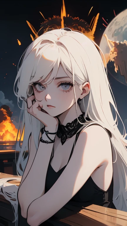 obra maestra, Exquisito, illustration, {chica hermosa y meticulosa}, halo hermoso y detallado, (fuego de guerra: 1.2), (nuclear explosion behind: 1.3), lluvia, detailed lighting, detalle agua, (ojos hermosos y detallados: 1.1), inexpresivo, palacio, pelo azul cielo, pelo disperso, flequillo largo, Cejas, (grayish white dress: 1.1), lazo negro, pajarita blanca, abdomen superior, frente grande, aburrido, flor, mangas largas