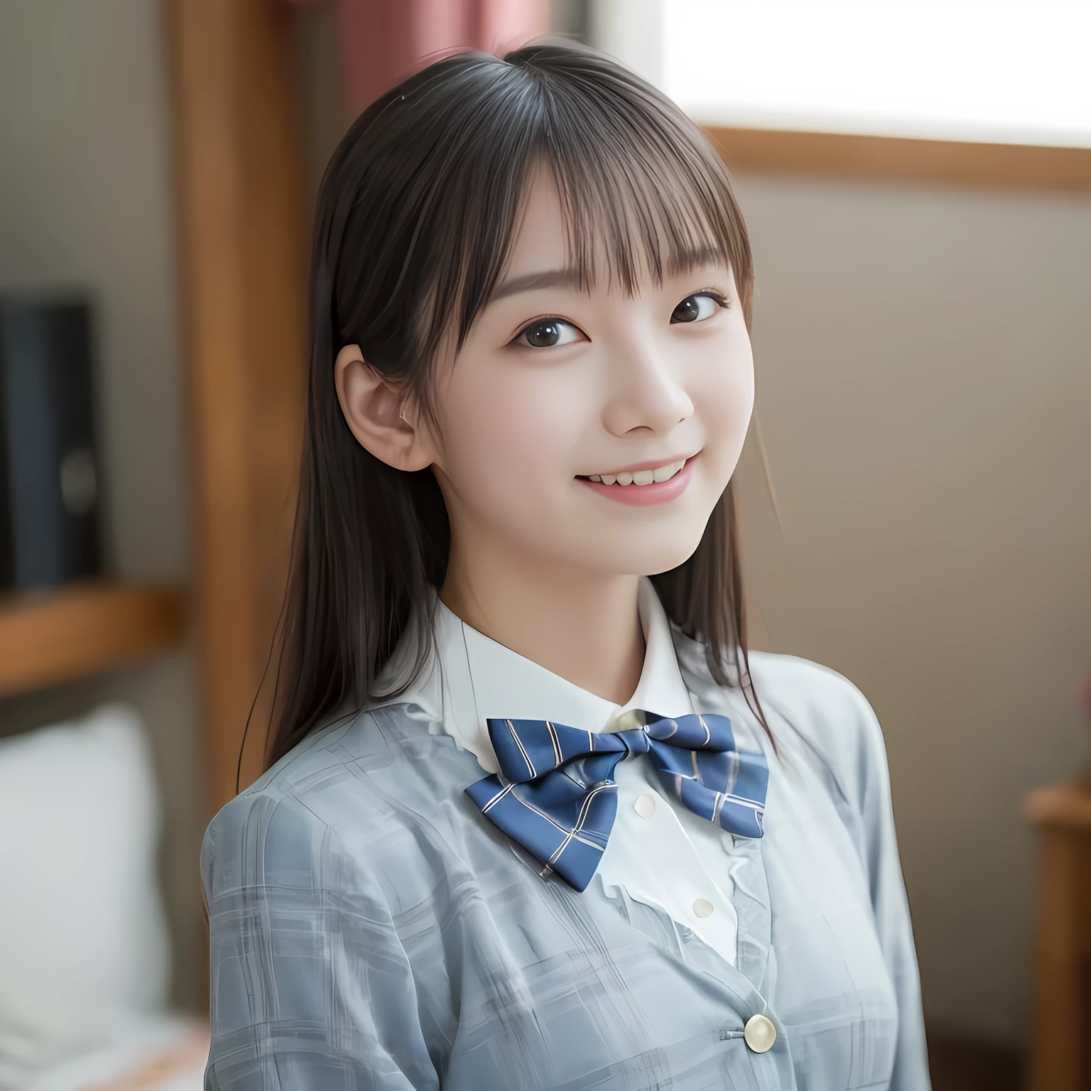 (highest quality、masterpiece:1.2)、highest quality、realistic、photograph、High resolution、1080p、8K、Pale, rough skin、The face is especially pale., physical rendering、((Height: 155cm)), one Japanese girl、((A 15-year-old siren who looks like a Japanese junior high school student)), , (((big very detailed beautiful dark brown eyes))), ((blue girly large wine-red glossy polyester Japanese school ribbon bow tie)), ((((Beautiful, lustrous, wavy hair that reaches down to the waist)))), ((((deep blue colored tartan checkered formal long pleated pleated skirt)))), ((A formal dark blue blazer that is slightly oversized and has an emblem on the left chest.)), (((Looking at the viewers with loving eyes, smiling))), ((((((Very happy)))))), mouth is open, The big skirt is very cute, detailed fingers, Slender body, ((curled bangs)), so beautiful, long eyelashes, ((Very big and very very very cute eyes of a Japanese girl)), ((large pupils)), double eyelids, The entire skirt is photographed, Very cute face, thin eyebrows, ((drooping eyes)), ((long eyelashes)), ((cute lovely lovely laughing laughing cheeks)), ((The pure white light hits her face from the front, making her skin and eyes shine beautifully.)), (((((A beautiful face with a rich expression))))), shot from the side, ((idol face)), ((The sun is shining on my cheeks))