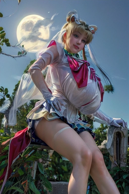 masterpiece, best quality, (1girl), supersailormoon, detailed face, smile, nigh sky, moonlight, moon, sakura trees, white gloves, detailed eyes, detailed face, fullbody, galazy background, gigantic breasts, giga_busty, front view from below