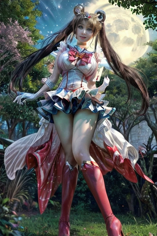 masterpiece, best quality, (1girl), supersailormoon, detailed face, smile, nigh sky, moonlight, moon, sakura trees, white gloves, detailed eyes, detailed face, fullbody, galazy background, gigantic breasts, giga_busty, front view from below