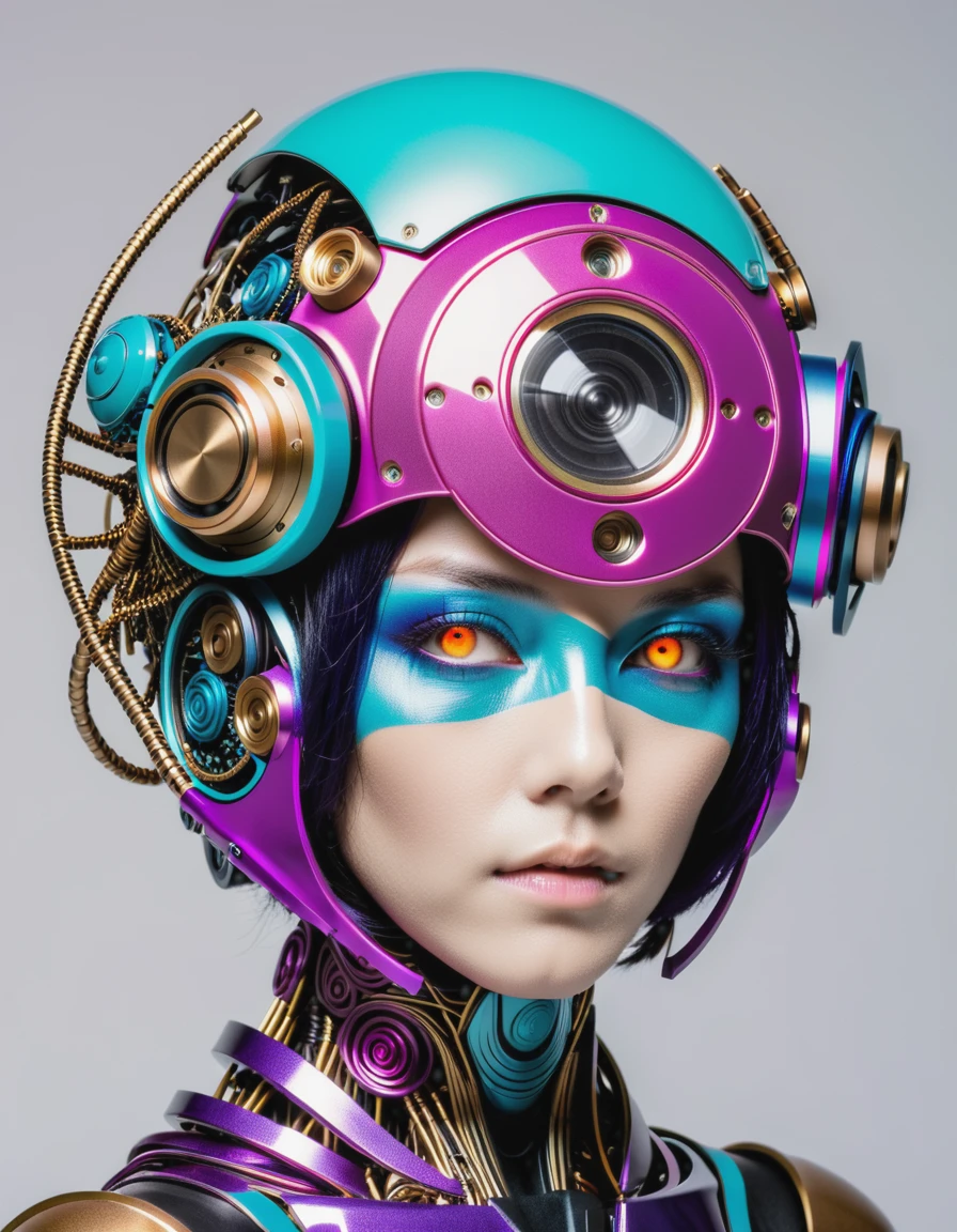 a picture of a person with a weird head piece, hiroyuki takahashi color scheme, cgsociety - w 1 0 2 4 - n 8 - i, hiroyuki-mitsume takahashi, weta studio and james jean, by Android Jones, moebius + loish + wlop, beautiful robot character design, fractalpunk, psychedelic organic cyborg