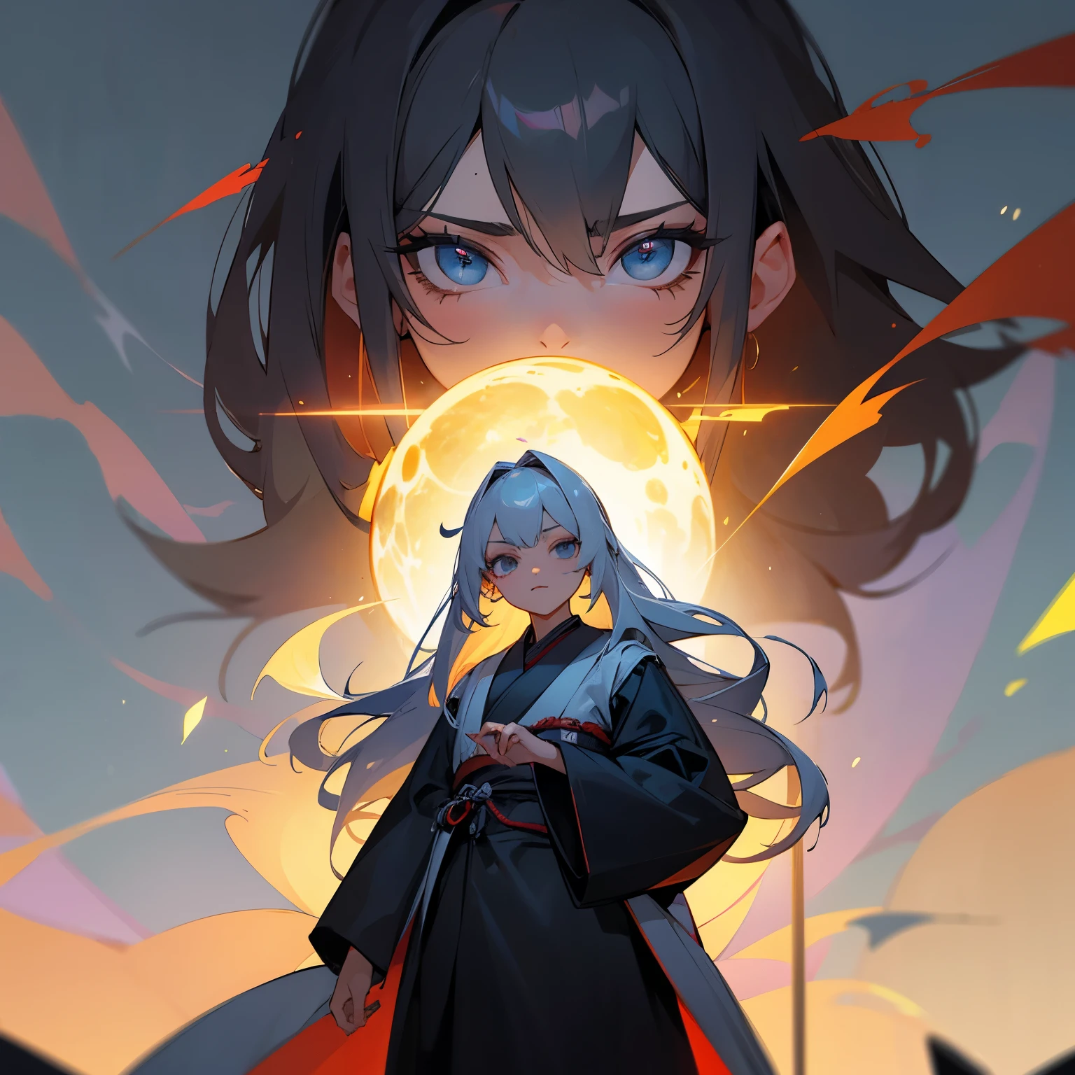 1 chica,cuerpo medio completo,cara extremadamente detallada, hermosos ojos detallados,luz en la cara,cinematic lighting,mirando al espectador,al aire libre,PELO GRIS,(arquitectura china gris:0.05),hanfu, Long dark gray faux leather coat, ropa negra debajo