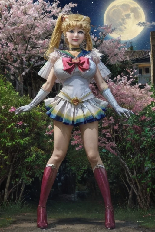 masterpiece, best quality, (1girl), supersailormoon, detailed face, smile, nigh sky, moonlight, moon, sakura trees, white gloves, detailed eyes, detailed face, fullbody, galazy background, gigantic breasts, giga_busty, front view from below