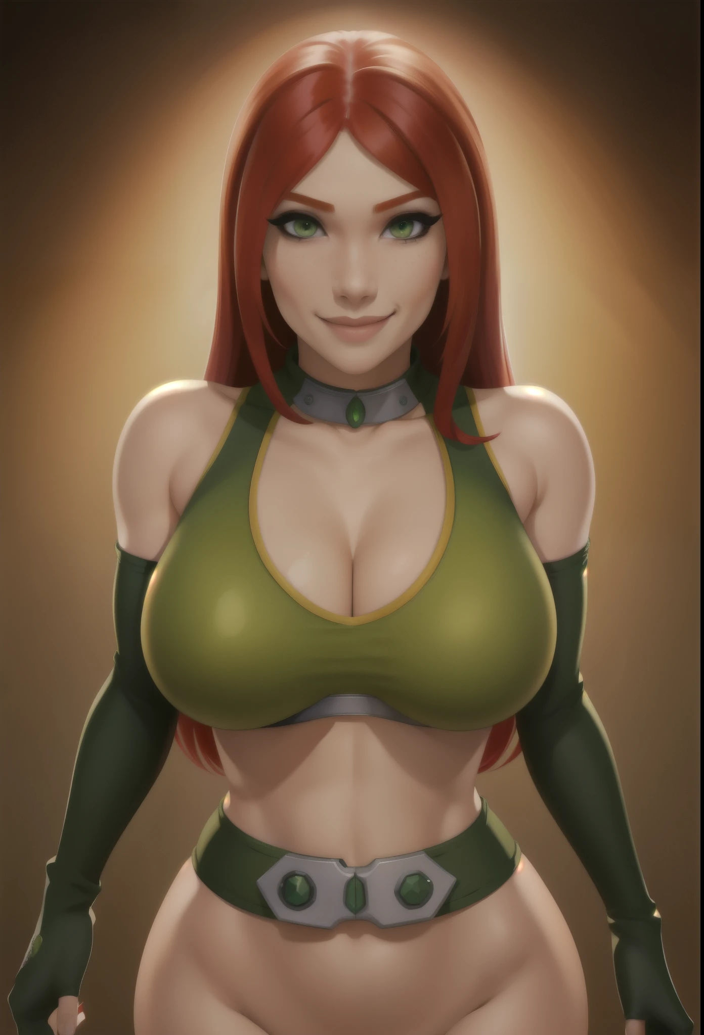 Cassie,red hair,bangs, long hair, hair down, green eyes,solo,smiling, (covered nipples:0.6), breat breast squeeze,  arms down, 
crop top,fingerless elbow gloves,cleavage,
morning,lake,
(insanely detailed, beautiful detailed face, masterpiece, best quality),
