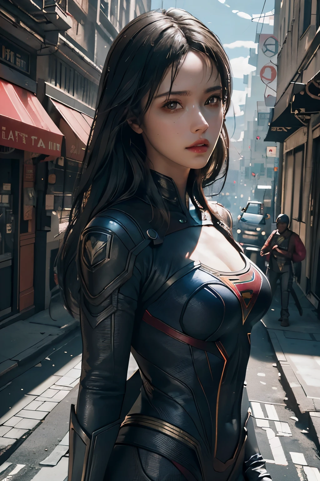 ((Best quality)), ((masterpiece)), (detailed:1.4), 3D, an image of a beautiful cyberpunk supergirl latina female,HDR (High Dynamic Range),Ray Tracing,NVIDIA RTX,Super-Resolution,Unreal 5,Subsurface scattering,PBR Texturing,Post-processing,Anisotropic Filtering,Depth-of-field,Maximum clarity and sharpness,Multi-layered textures,Albedo and Specular maps,Surface shading,Accurate simulation of light-material interaction,Perfect proportions,Octane Render,Two-tone lighting,Wide aperture,Low ISO,White balance,Rule of thirds,8K RAW,