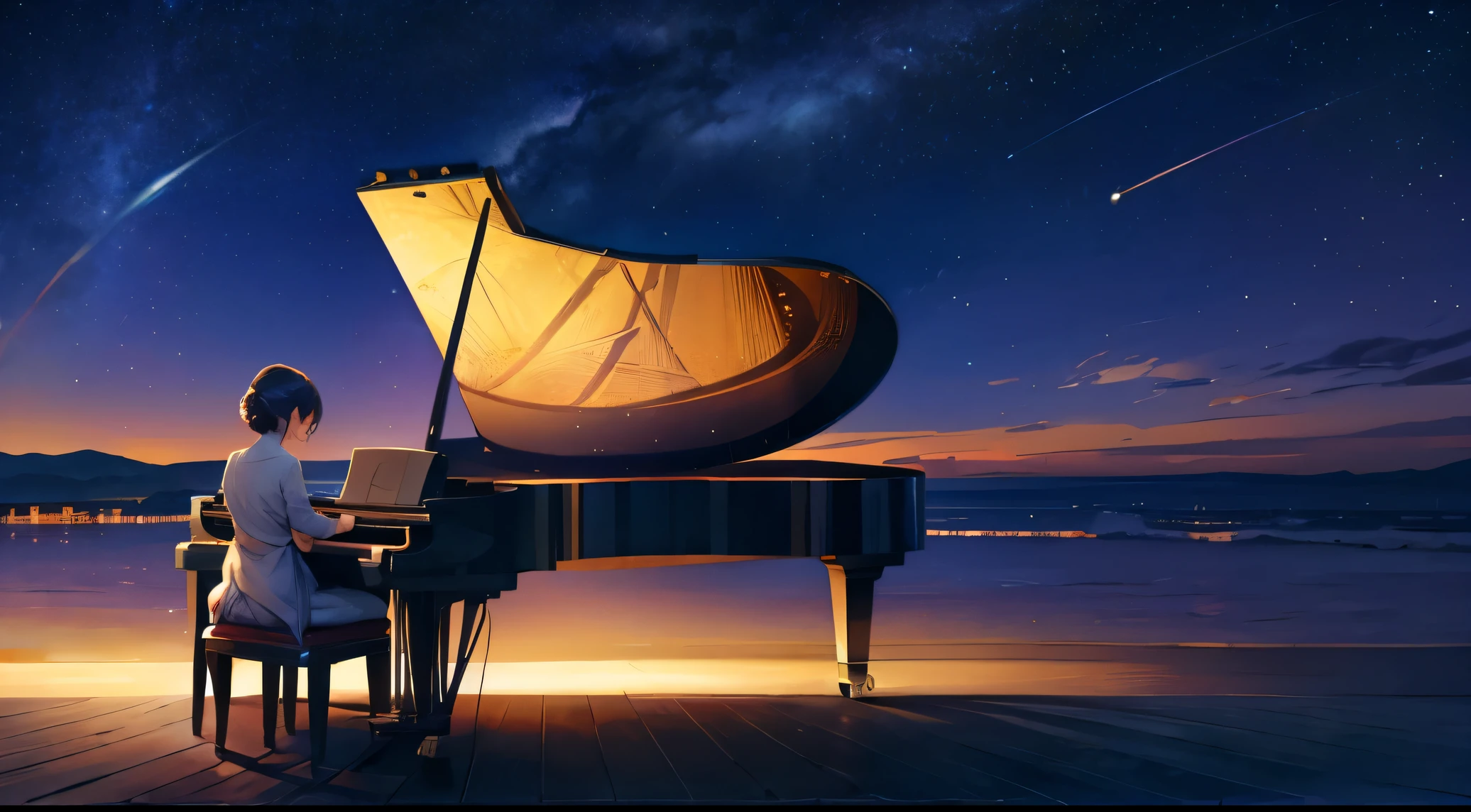 ((long view)),(rear view),Under the starry sky、Woman playing the piano、rear view