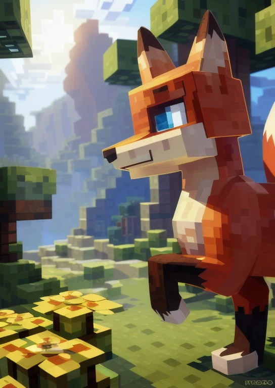 (by Greasymojo, by Retros, by Nicholas Roerich, by Sachin Teng, by Syd Mead)::0.85], (Minecraft), (feral, toony:1.3), (((Minecraft fox)), red body,blue eyes, ), (walking, three-quarter portrait, three-quarter view:1.3), (grassland, final fantasy x, village:1.25), (snow mountain, plant, yellow flower, water), BREAK, (detailed background, depth of field, half a pixelated body shadow, sunlight, ambient light on the a pixelated body), masterpiece, best quality, 4k, 2k, (intricate:0.9), (high detail, shaded, 3d:1.25), absurd res

