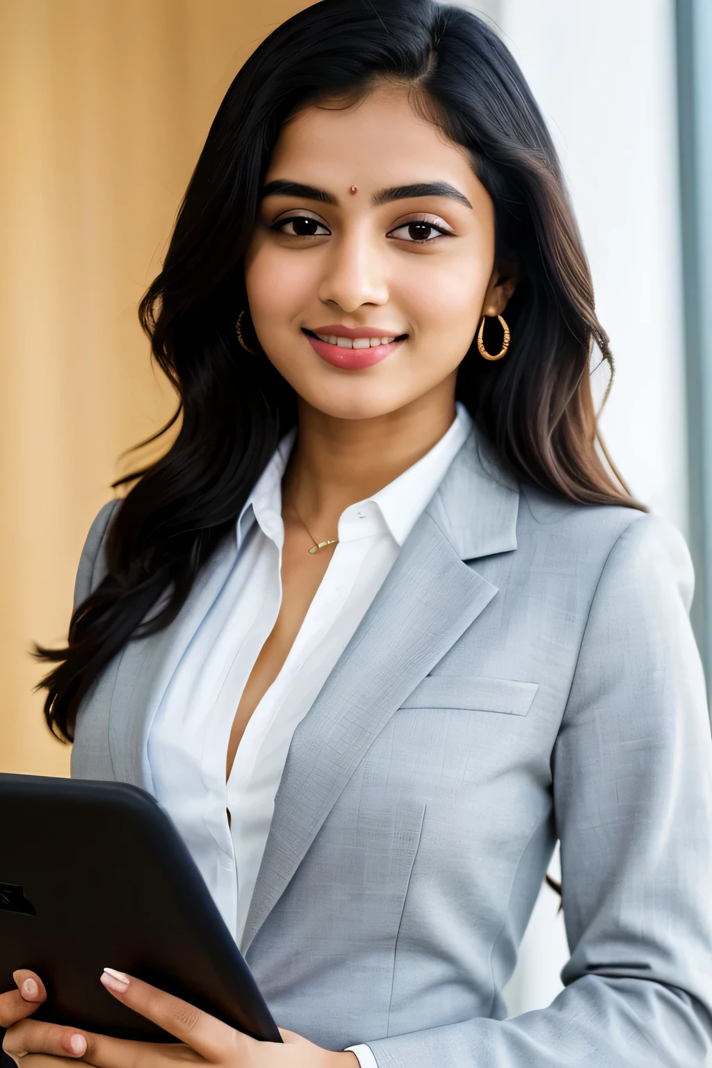 Highly detailed body, highly detailed face, highly detailed eyes, highly detailed nose, highly detailed lips, perfect body:1.5, perfect face:1.5, perfect lips:1.5, perfect eyes:1.5, a south Indian girl, wearing suits and blazer, holding files and laptop, working professional, perfect background:1.5, highly detailed background, clear background, IT company background.