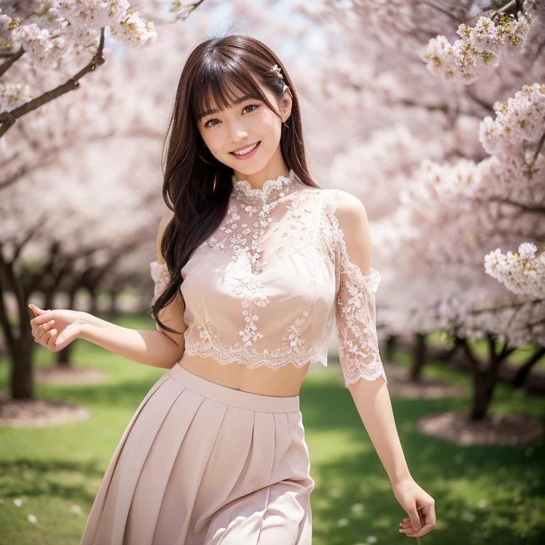 The eyes of a young, beautiful Japanese woman in the sex industry smiling and dancing under the cherry blossoms in full bloom. Focal length 100mmf/2.8, spring day, sunny, park with cherry blossoms in full bloom and lawn, well-shaped face, long hair, toned body, peach-colored blouse with lace decoration and skirt in a subdued tan color. Transparent skin, large arm movements, maximum close-up of the eyes, a sense of realism, a sense of movement, 8K image quality, the highest quality.