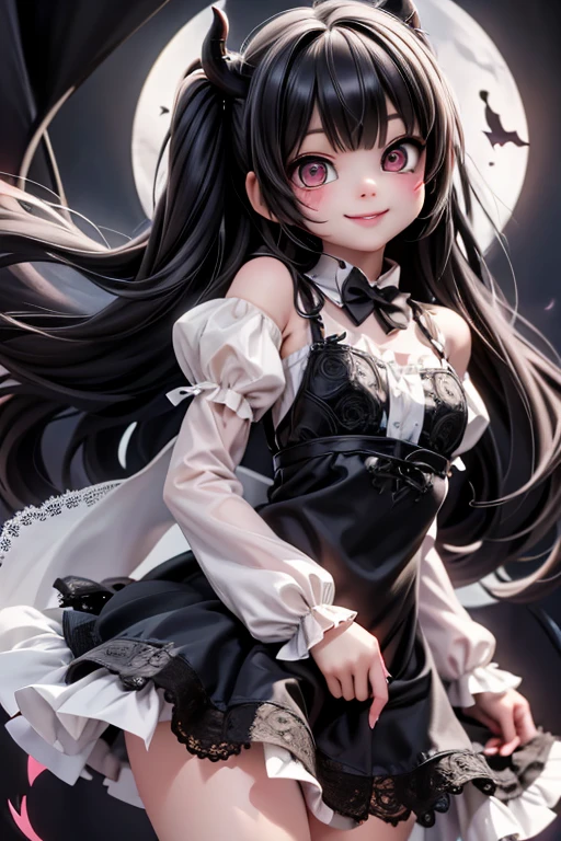 a cute demon girl smiling floating in the air, lace cloth gothci dress, at night, creepy, horror style
