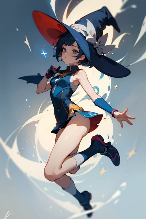 Una hermosa vaquera. She is in the middle of the street in a small village. She holds two large revolvers.........., uno en cada mano, Usar ropa de mezclilla, un sombrero y botas altas. Su cabello es largo y rizado. It's a spectacular full-body image with a low upward tilt angle..