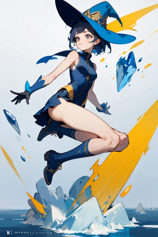 ((highest quality)), ((masterpiece)), (be familiar with), Perfect witch or wizard girl face picture, She is wearing a sleeveless bodysuit that looks like underwear., And in addition to this, She wears a short skirt to show off her legs.. On one leg, I want a magic mark that represents ice-related designs.. The shoes are low、It must be in harmony with the rest of your outfit, Short socks should be visible
