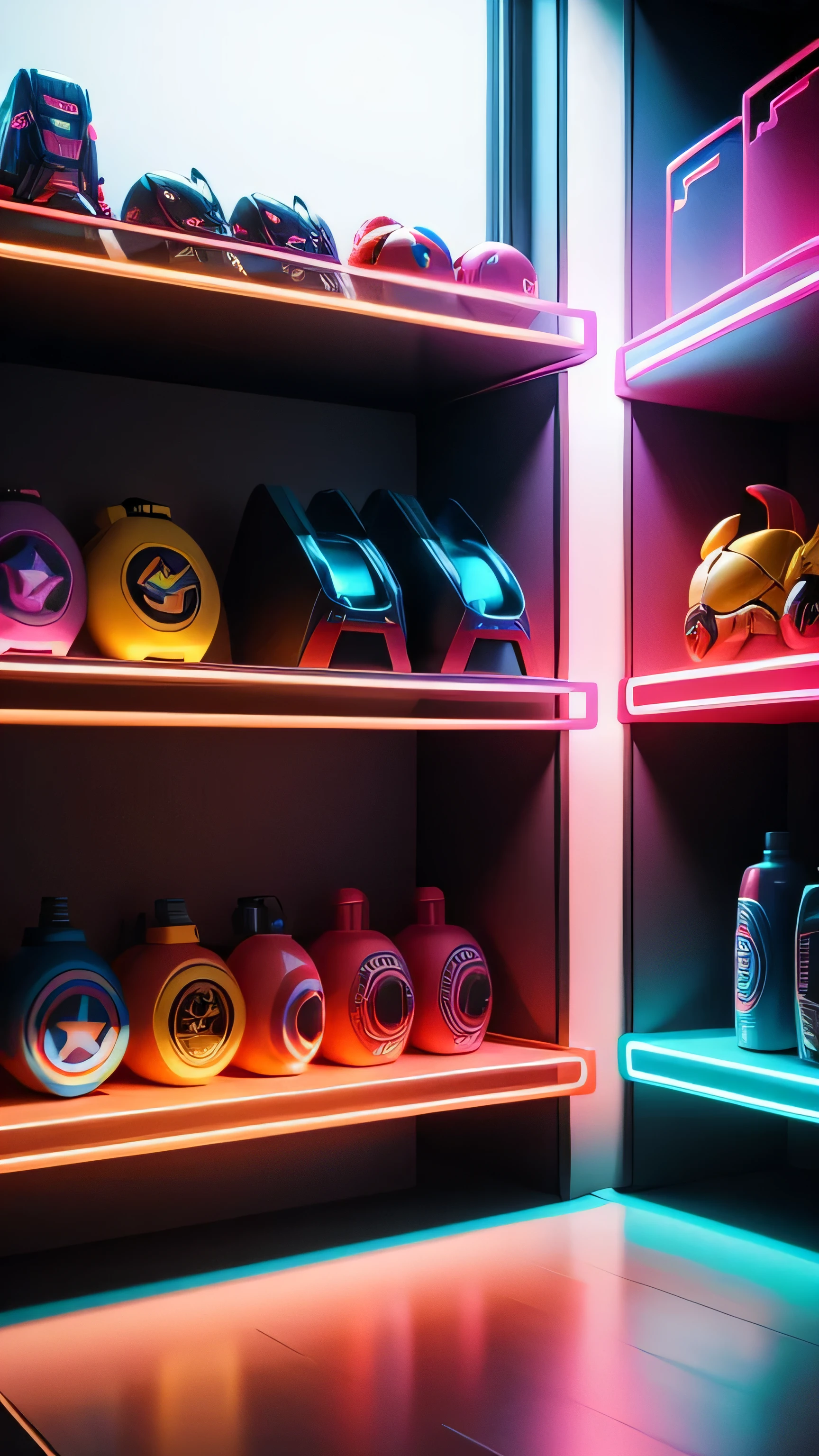 toy shelves with neon lights, avengers toys, 8k