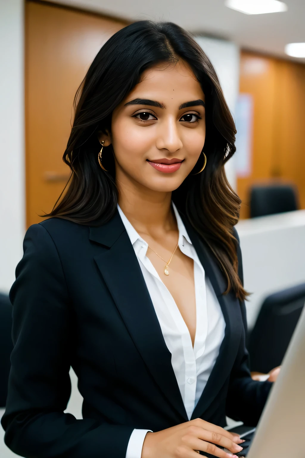 Highly detailed body, highly detailed face, highly detailed eyes, highly detailed nose, highly detailed lips, perfect body:1.5, perfect face:1.5, perfect lips:1.5, perfect eyes:1.5, a south Indian girl, wearing black suits and blazer, holding files and laptop, working professional, perfect background:1.5, highly detailed background, clear background, IT company background.