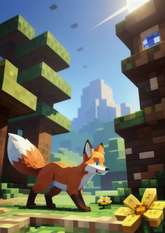 (by Greasymojo, by Retros, by Nicholas Roerich, by Sachin Teng, by Syd Mead)::0.85], (Minecraft), (feral, toony:1.3), (((Minecraft fox)), red body,blue eyes, ), (walking, three-quarter portrait, three-quarter view:1.3), (grassland, final fantasy x, village:1.25), (snow mountain, plant, yellow flower, water), BREAK, (detailed background, depth of field, half a pixelated body shadow, sunlight, ambient light on the a pixelated body), masterpiece, best quality, 4k, 2k, (intricate:0.9), (high detail, shaded, 3d:1.25), absurd res
