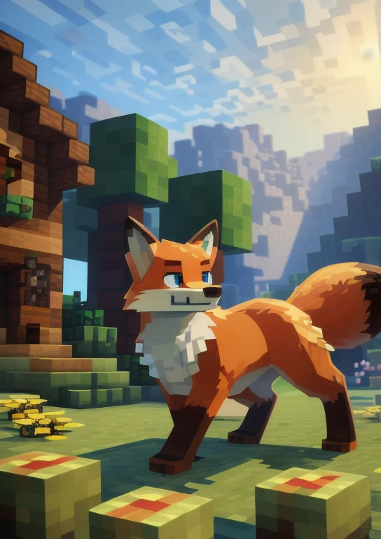 (by Greasymojo, by Retros, by Nicholas Roerich, by Sachin Teng, by Syd Mead)::0.85], (Minecraft), (feral, toony:1.3), (((Minecraft fox)), red body,blue eyes, ), (walking, three-quarter portrait, three-quarter view:1.3), (grassland, final fantasy x, village:1.25), (snow mountain, plant, yellow flower, water), BREAK, (detailed background, depth of field, half a pixelated body shadow, sunlight, ambient light on the a pixelated body), masterpiece, best quality, 4k, 2k, (intricate:0.9), (high detail, shaded, 3d:1.25), absurd res
