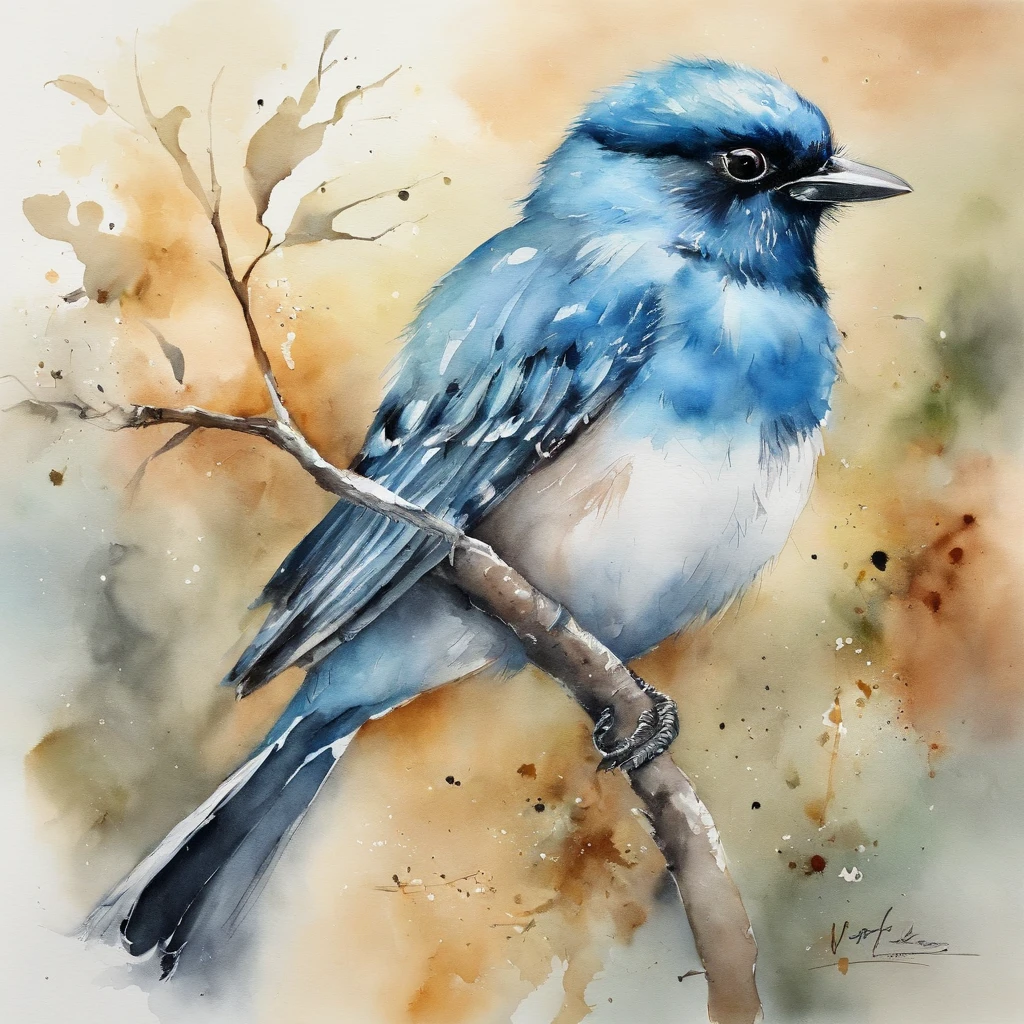 Bird Painting, Use the color cyan, black and white, lively, wonderful, No signature or watermark