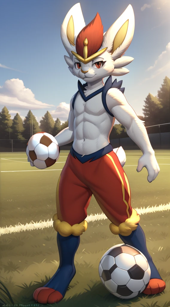 cinderace, red eyes, (posing:1.3), (soft shading), 4k, hi res, five fingers, detailed hands, ((detailed face, (detailed eyes:1.0), detailed)), by zackarry911, by zaush, (by personalami:0.5), soccer field, grass, soccer ball, rabbit tail, abs