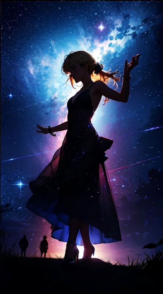 starry skies,dance,woman1people,silhouette,blonde,party dress,