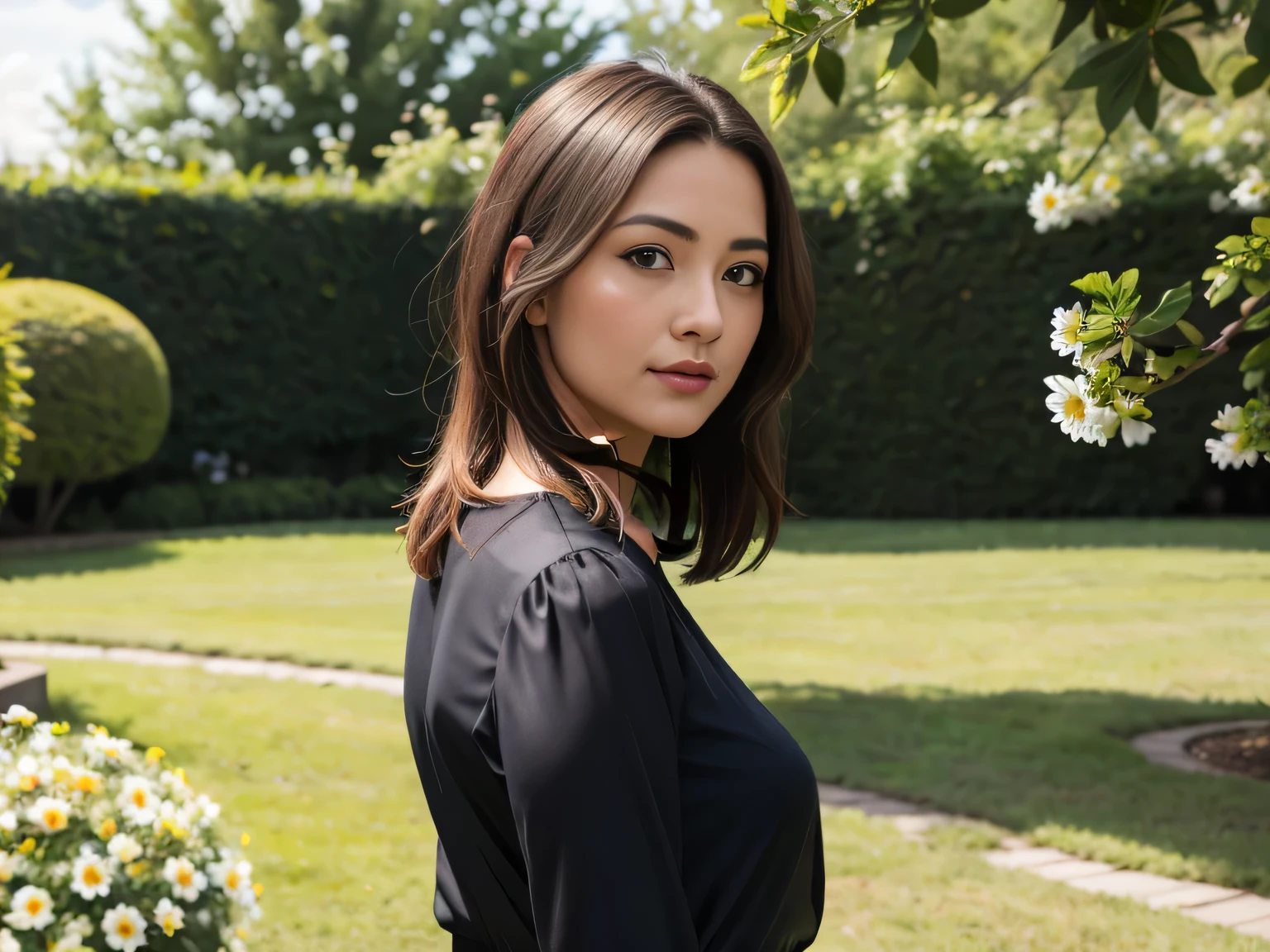 RAW, Best quality, high resolution, Masterpiece: 1.3, Beautiful brunette. Best quality, high resolution. Realistic, detailed and complete body. there is a woman standing in front of a bush with flowers, portrait of a woman in her 40s, she is wearing a black blouse, portrait image, profile image, robust adult woman portrait, female portrait with flower, back photo, 8k. She is around 35 years old, a woman in good physical condition. Masterpiece, best quality, (best quality), realistic lighting, 8k.