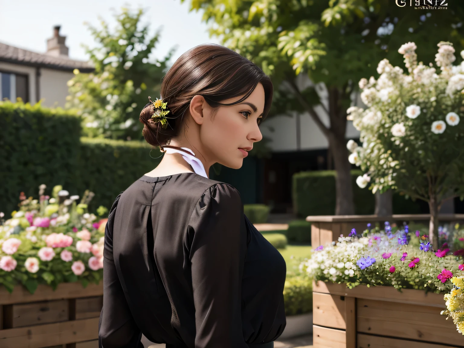 RAW, Best quality, high resolution, Masterpiece: 1.3, Beautiful brunette. Best quality, high resolution. Realistic, detailed and complete body. there is a woman standing in front of a bush with flowers, portrait of a woman in her 40s, she is wearing a black blouse, portrait image, profile image, robust adult woman portrait, female portrait with flower, back photo, 8k. She is around 35 years old, a woman in good physical condition. Masterpiece, best quality, (best quality), realistic lighting, 8k.