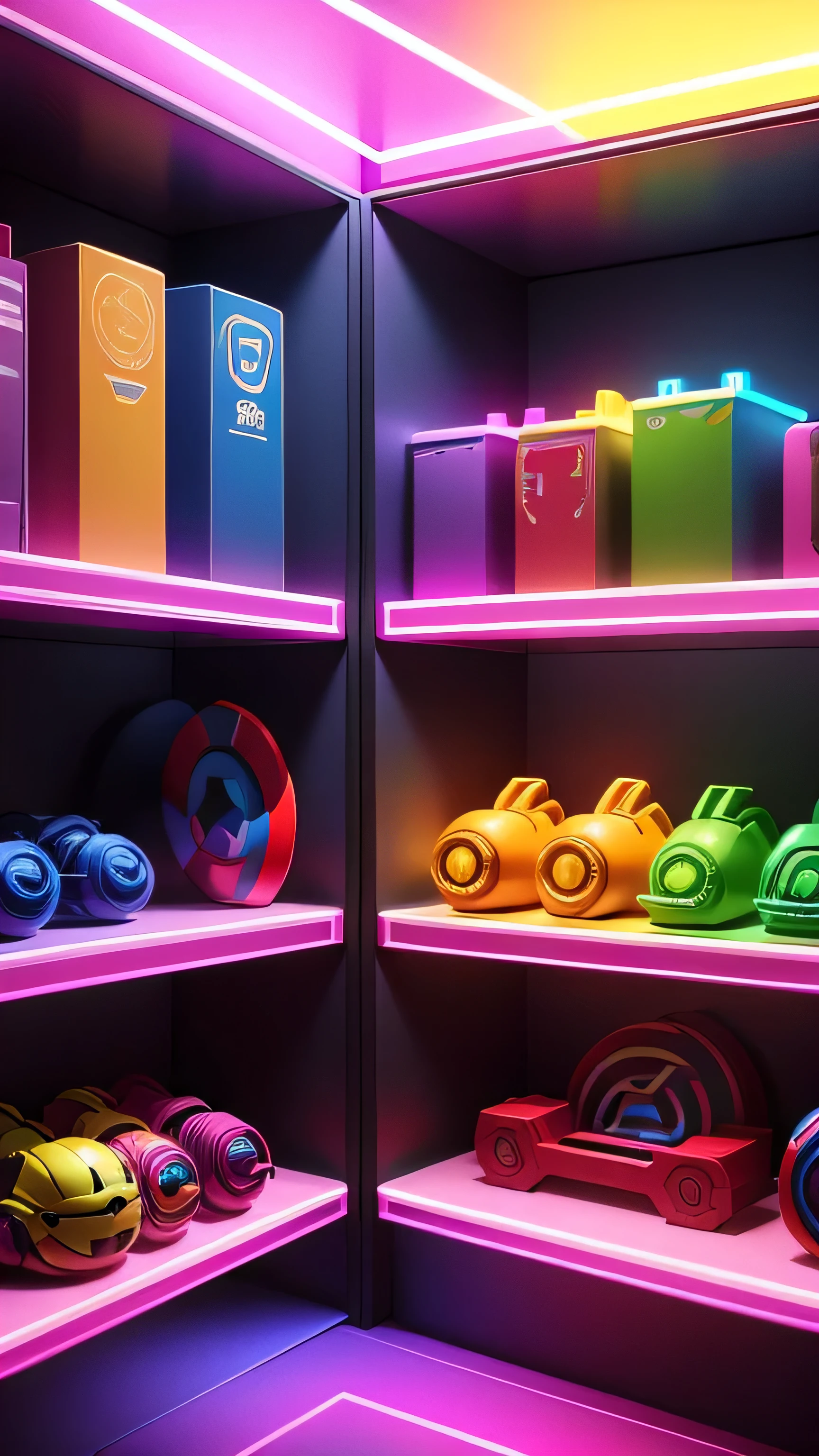 toy shelves with neon lights, avengers toys, 8k