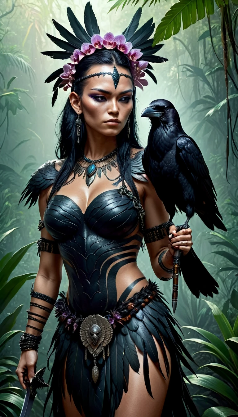 digital painting, Realistic full body shot of girl warrior tattooed, crow deity with two arms and a crow Head, holding long knife, long spear, orchids, power and a begging bowl in her hands. She has a crow Head, powerful, feathers, dressed in tribal tattoos and scales, dramatic lighting, muscular, sharp focus, attention to texture lush jungle. crow perched on her shoulder. , epic, filmic. Iridescent feather.