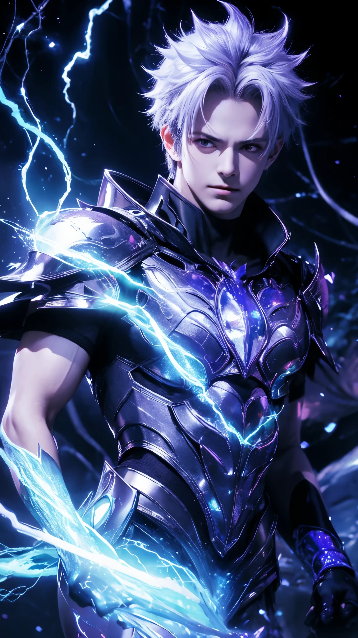 The handsome 18-year-old Garou is covered in ethereal blue lightning, etched with reflective dark purple. His mysterious presence suggests a close connection with the forces of hell. A purple shadow fell on him, The mysterious dance of creation, Destruction and Rebirth,