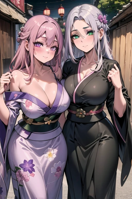 a young silver haired woman with green eyes with an hourglass figure in a conservative traditional kimono is posing with a pink haired woman with violet eyes and an hourglass figure in a conservative traditional kimono with smiles at a festival