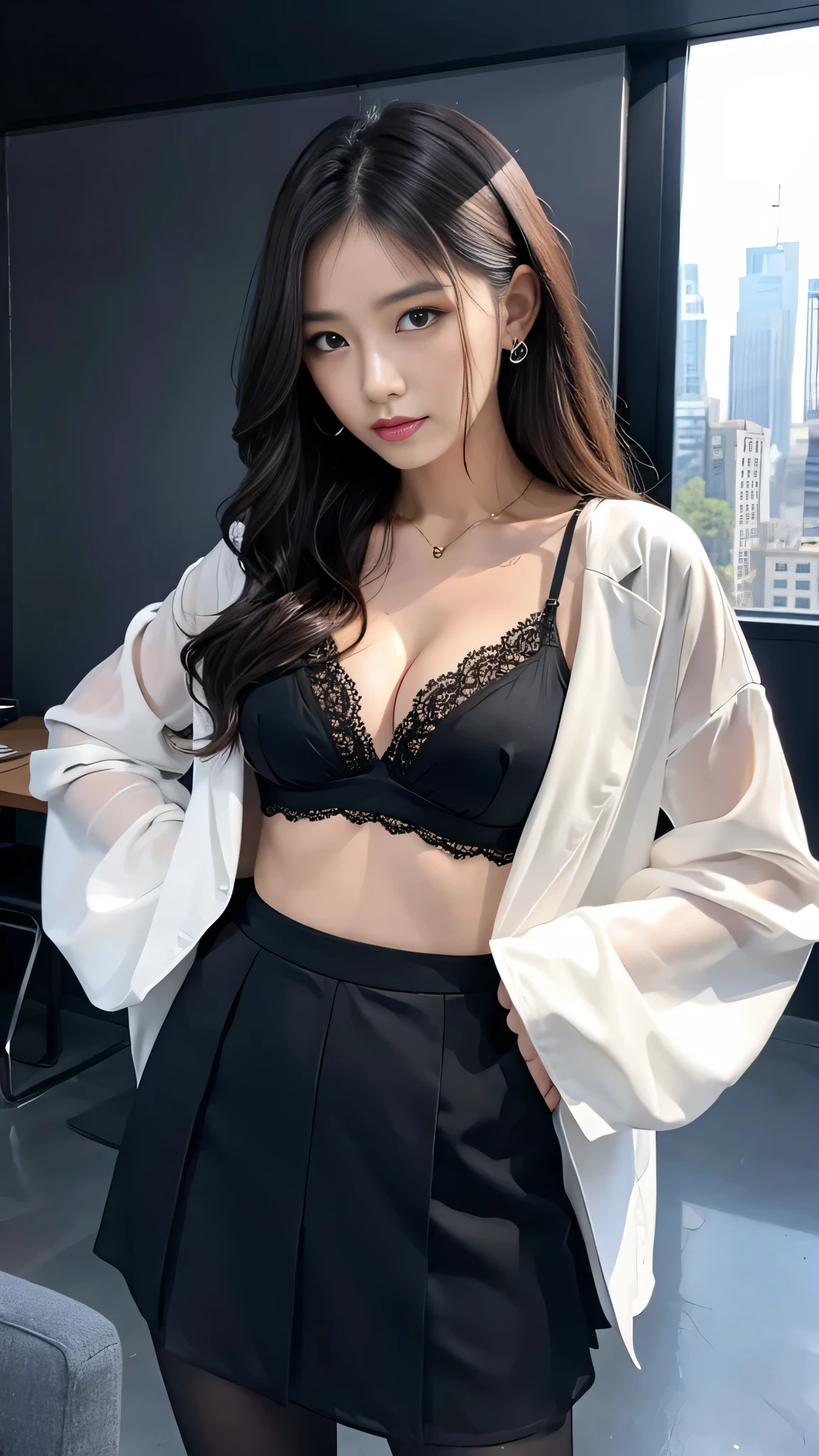 ltra-detailed、Japanese、attractive beauty、Dainty woman、piercing eyes、cool girl、wavy hair、suit、black chiffon、lacy fabric、wide sleeves、Jacket、white blouse、flare skirt、pantyhose、Glossy legs、Evil cadres、evil depravity、brainwash、mind control、lipstick、holding lip gloss、smirk、wicked look、evil、empty eyes、wicked、in the blackroom、Seductive pose
