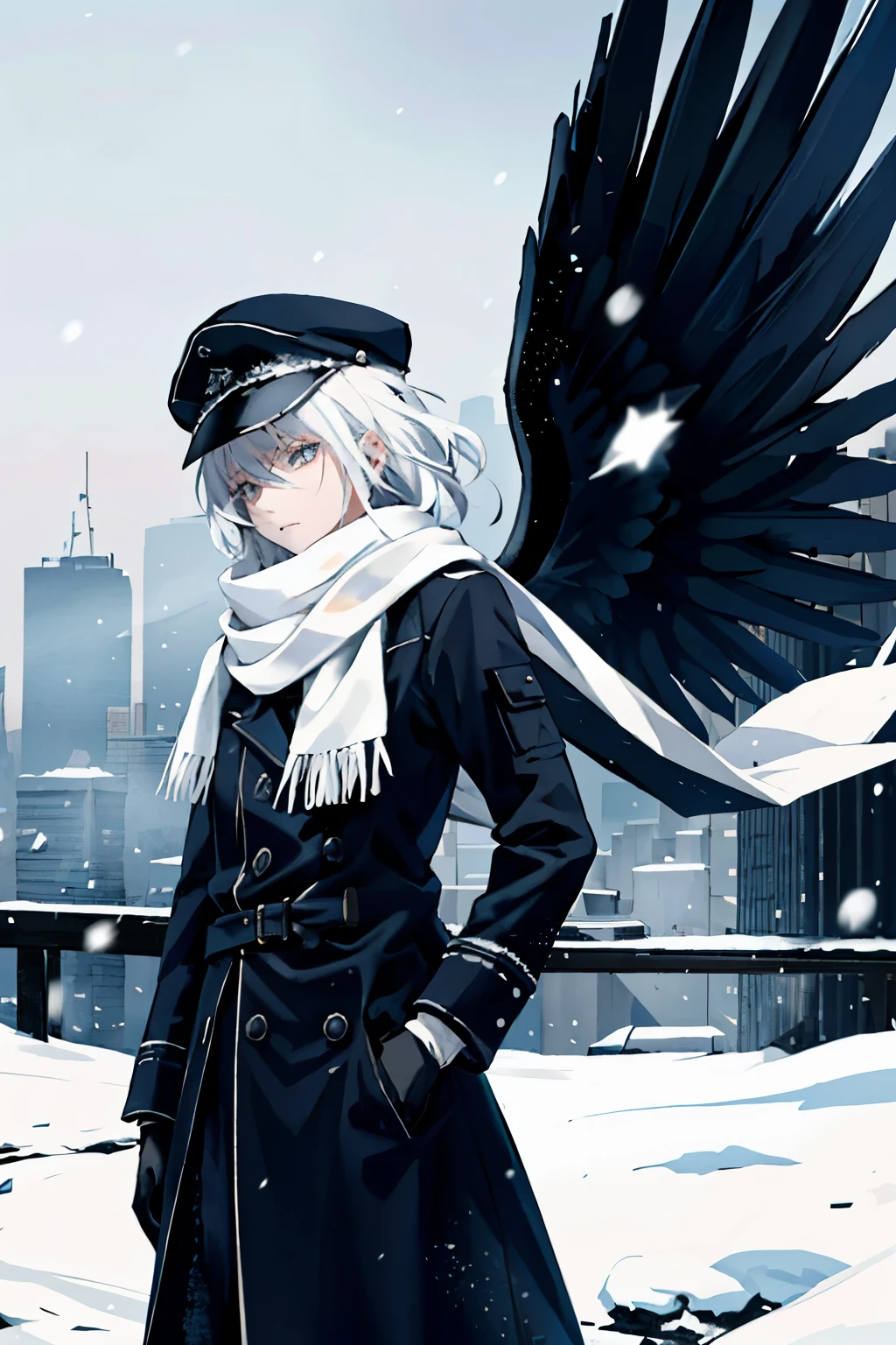 In the heart of a suspenseful movie scene, an adolescent with distinctive white hair stands boldly amidst a snow-covered city as dusk descends. The stark contrast between the darkening skyline and the pristine snowfall creates a high contrast ambiance that adds to the sense of tension and anticipation. The young protagonist dons a fashionable winter outfit, complete with a stylish hat that complements their striking white hair. They confidently pose with their hands in pockets, their expression serious and determined. An accessory, such as a scarf or gloves, adds to the statement of the scene and completes the look. The background elements, such as snowflakes gently falling around the figure, add