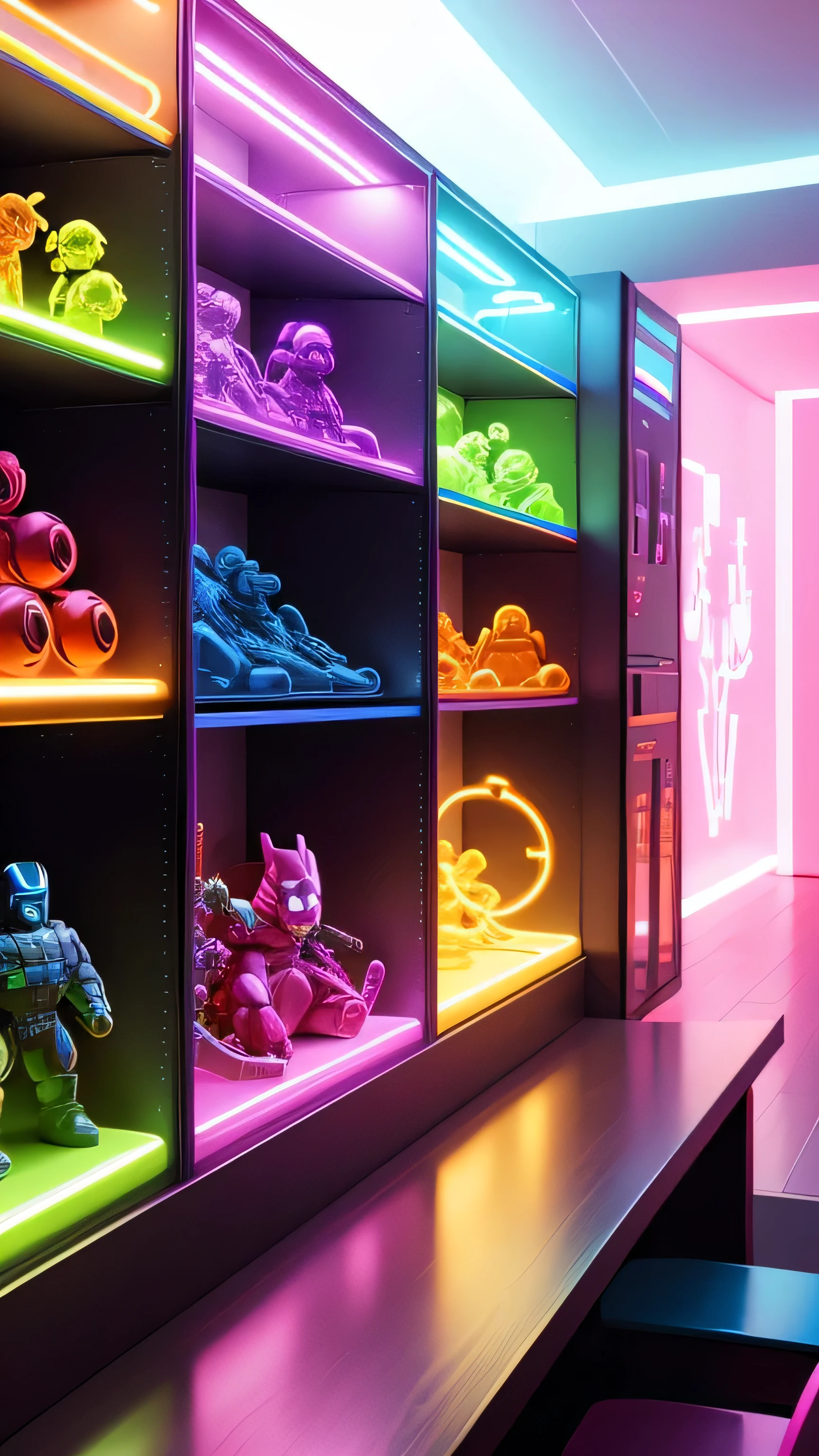 toy shelves with neon lights, avengers toys, 8k