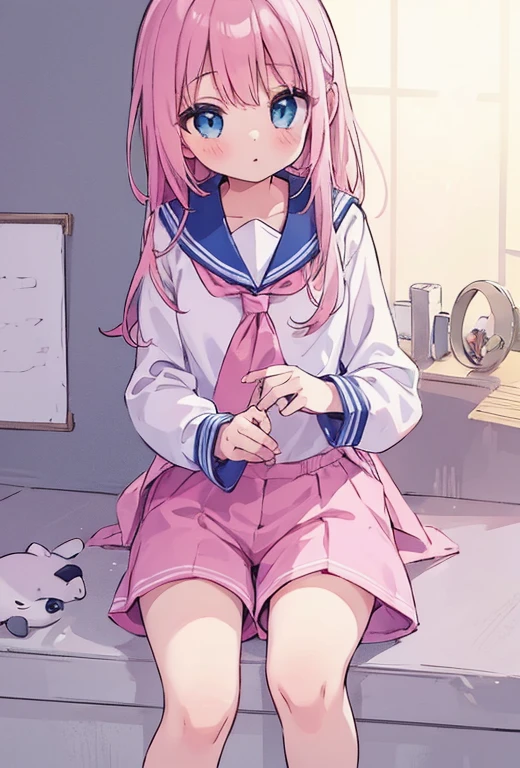 beautiful illustrations, highest quality, (12 year old girl:1.4)、(pretty girl:1.5)、、flat chest、sailor collar、(White long tunic)、long sleeve sailor suit、Blue-line cuffs、(pink chino shorts:1.4)、(pink shorts with wide opening:1.2)、Gap between thigh and pants、slim thighs、white socks、 cinematic lighting, (pink long hair)、pink straight hair、redness of cheeks、(Braiding of the back of the head)