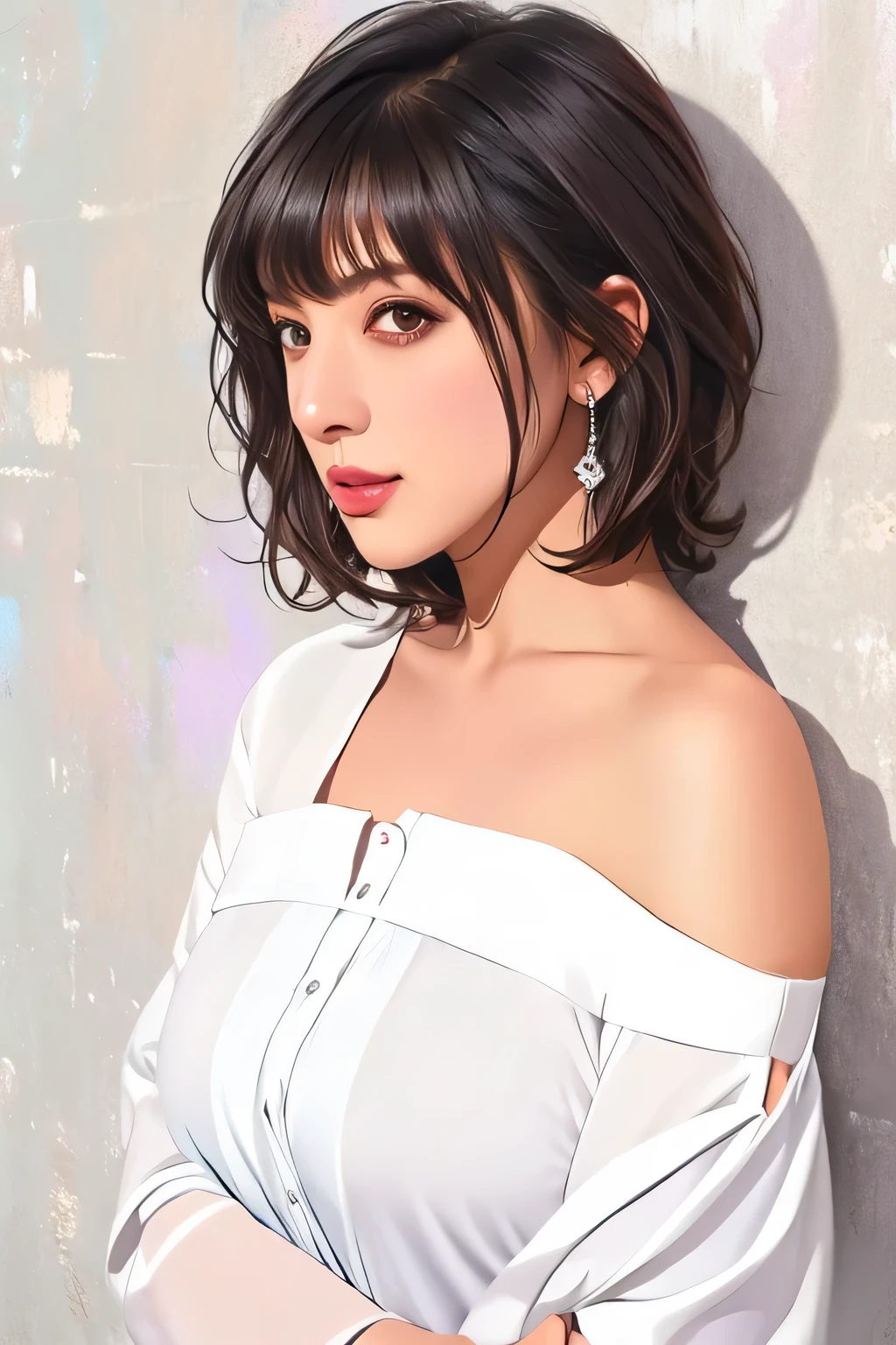 1 girl, Bethel, black eye, bare shoulders, chest, medium chest, short hair, gray hair, hair above one eye, bangs, gloves, No sleeve, alone, shirt, fingerless gloves, white shirt, No sleeve shirt, turn your arms behind your back, off shoulder, horn,masterpiece), (highest quality), (super detailed), outdoors, (Colorful block wall background), blue flower, 