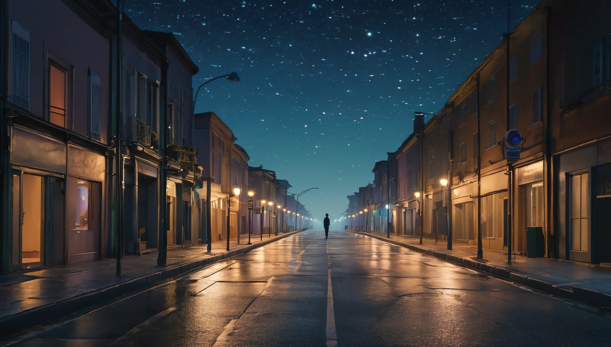 Imagine a serene, empty street bathed in the soft glow of streetlights under a starry night sky. In the distance, a lone figure stands, illuminated by the gentle light, representing the presence of artificial intelligence amidst the calmness and tranquility of the scene. The scene exudes a sense of peacefulness and serenity, portraying the harmonious integration of AI into our everyday lives.