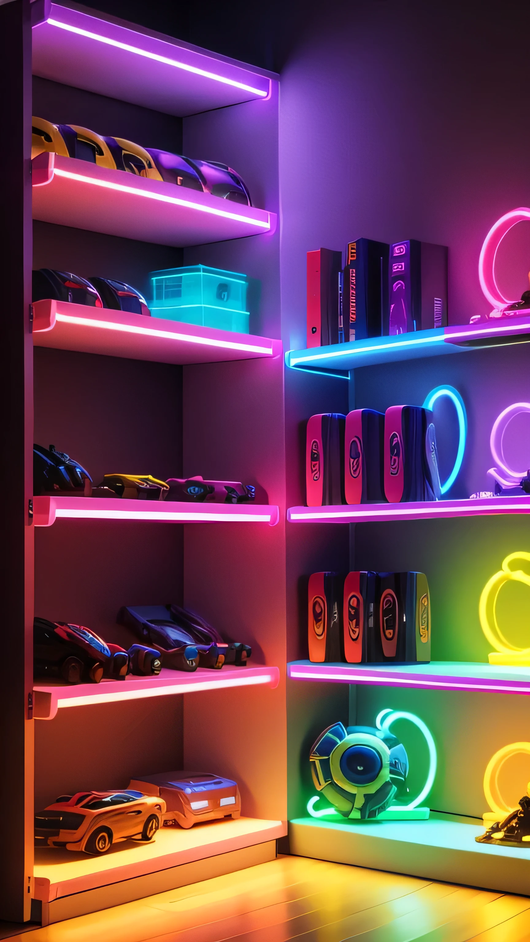 toy shelves with neon lights, avengers toys, 8k